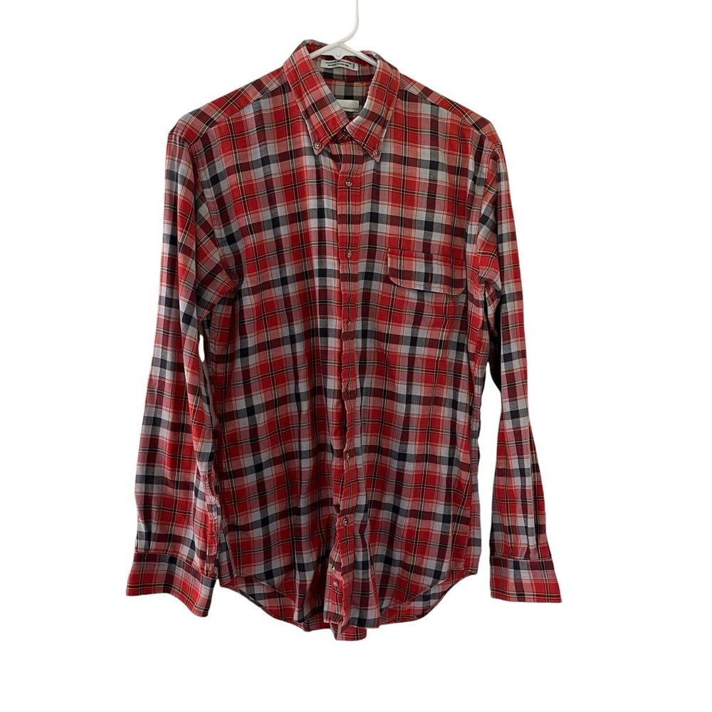 Enro‎ Shirt Mens MED Red Orange Gray Plaid Button Up Long Sleeve Cotton